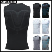 Men's compression tank top sleeveless gym shirt with quick-dry fabric; black with dotted back panel and color variants shown