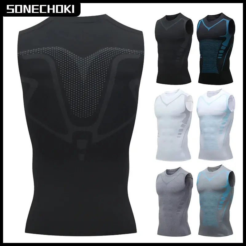 Men's compression tank top sleeveless gym shirt with quick-dry fabric; black with dotted back panel and color variants shown