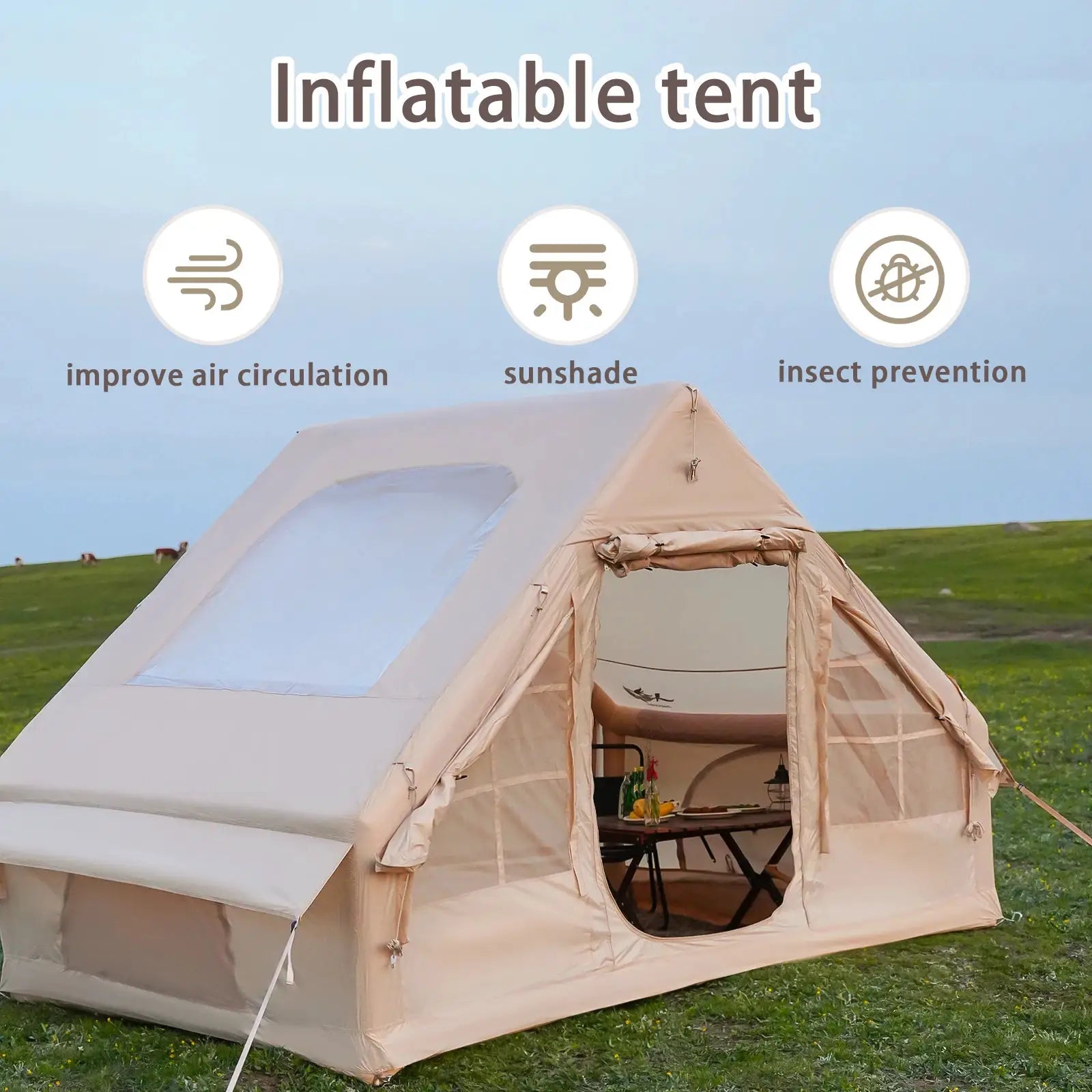 Simples Market inflatable family tent in beige, 4/6/8 person, with front-entry and interior dining area