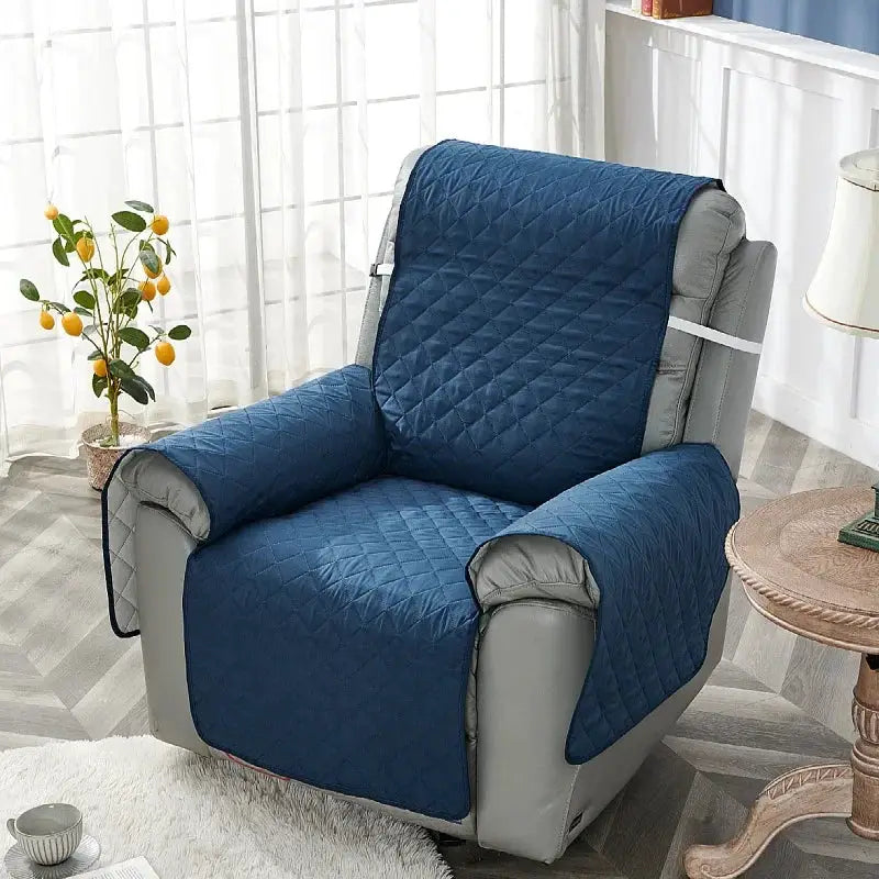 Anti-slip recliner chair cover in blue quilted fabric for living room armchair
