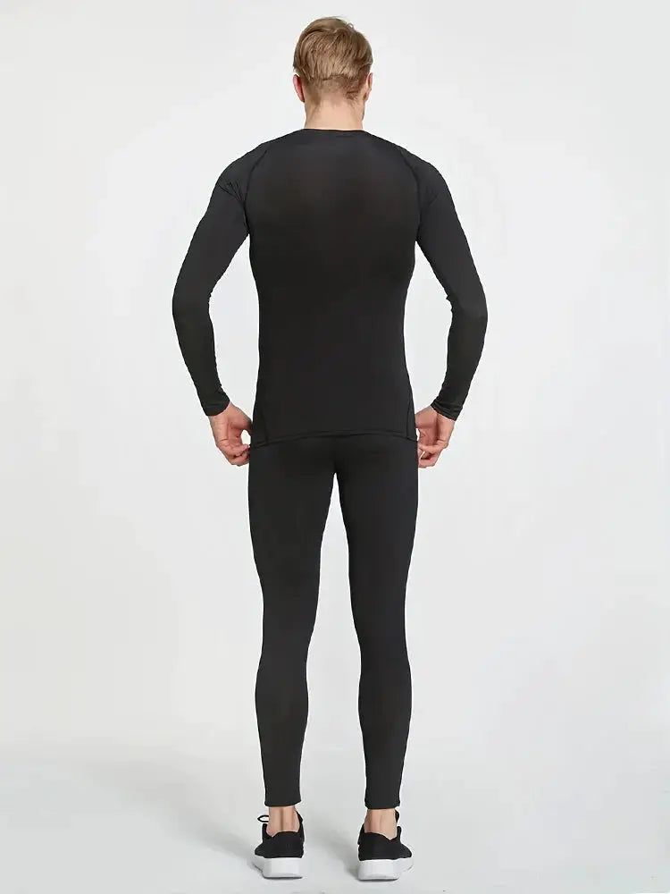 Two-piece men's black compression rashguard and leggings set, quick-dry athletic wear