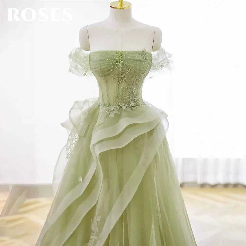 Roses Sage Green Prom Dress Appliques Tulle Tiered Pleats Sweetheart