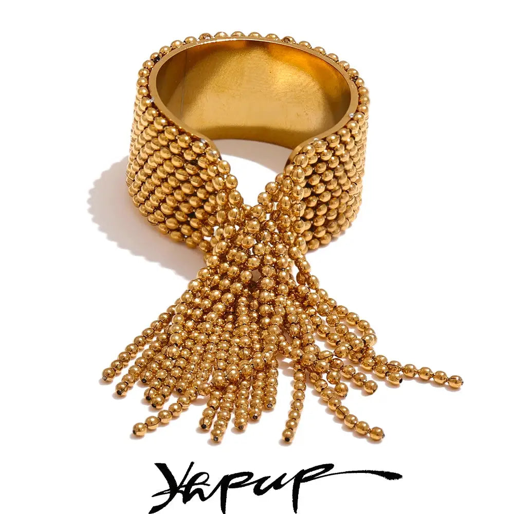Yhpup Statement Stainless Steel Chain Tassel Ring Adjustable 18K PVD Gold Plated Fashion Jewelry For Women