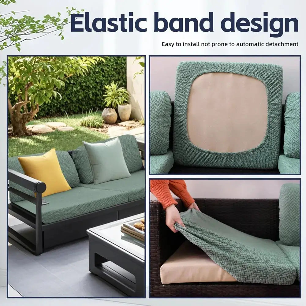 Outdoor sofa cushion covers by Simples Market in teal green waterproof stretch fabric for patio furniture