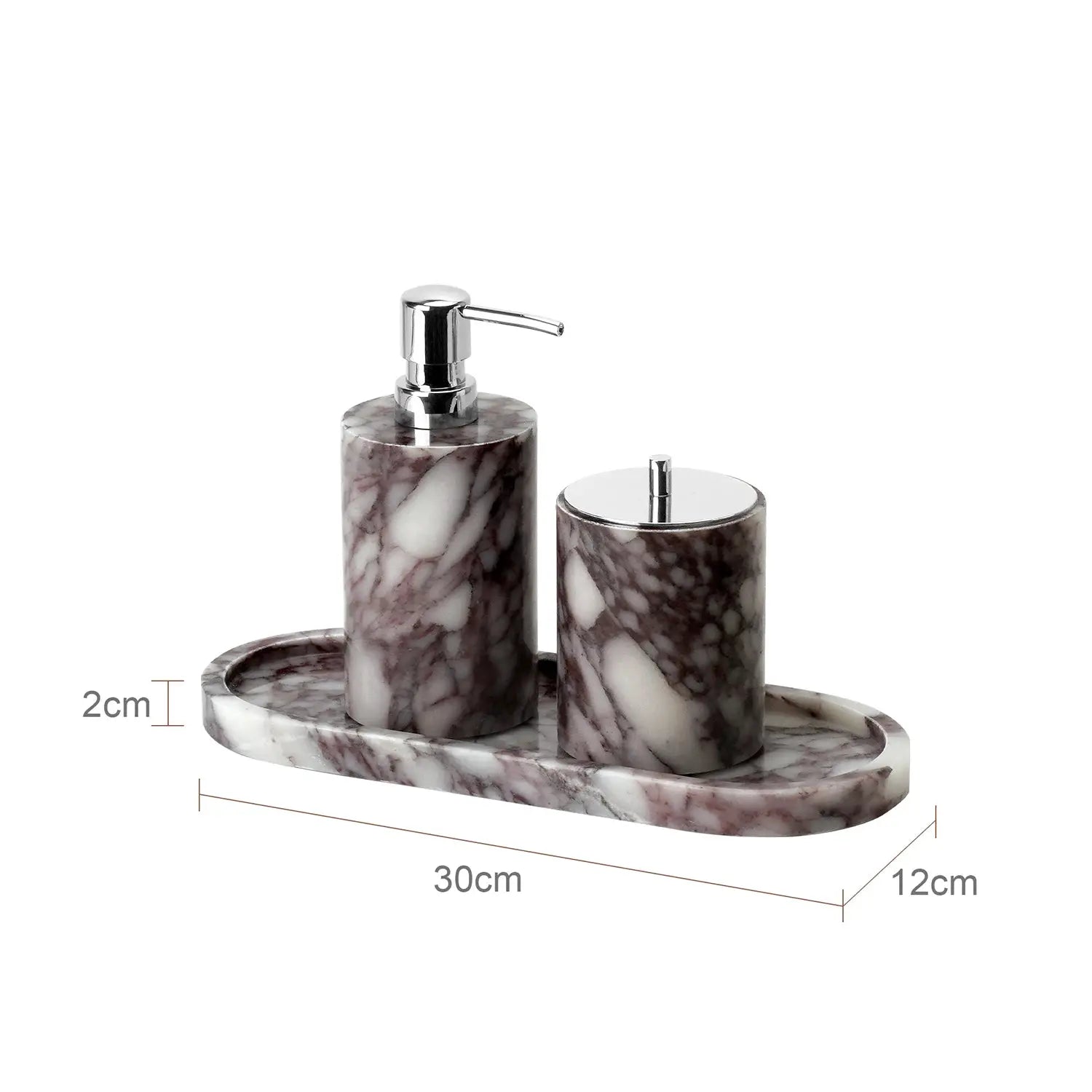 Simples Market Calacatta Viola marble bathroom set with silver pump dispenser, cotton swabs jar, and matching tray.