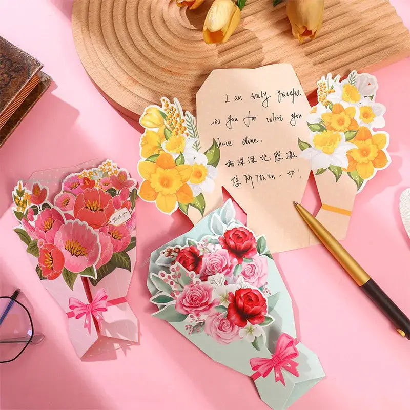 3D Carnation Floral Bouquet Greeting Card Postcard Exquisite Birthday Mothers Day Teachers Day Thanksgiving