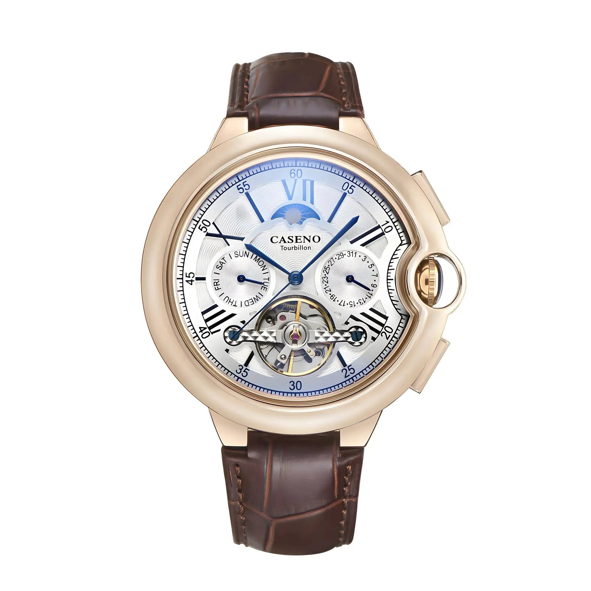 CASENO Star Roman Grand men's automatic tourbillon watch with gold-tone case and brown leather strap