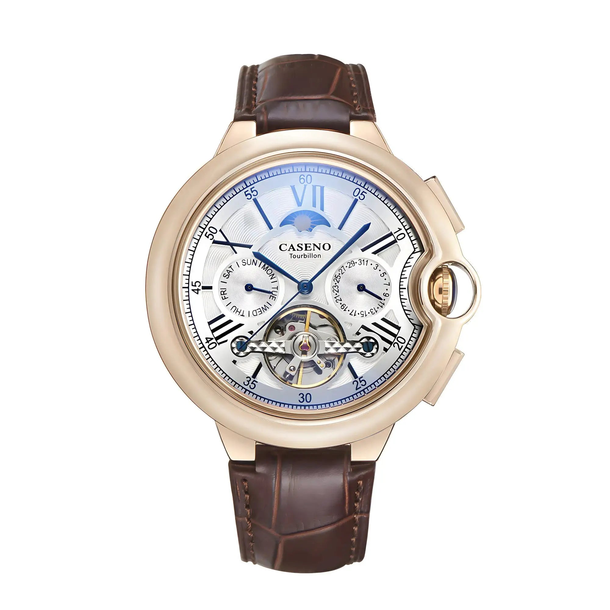 CASENO Star Roman Grand men's automatic tourbillon watch with gold-tone case and brown leather strap