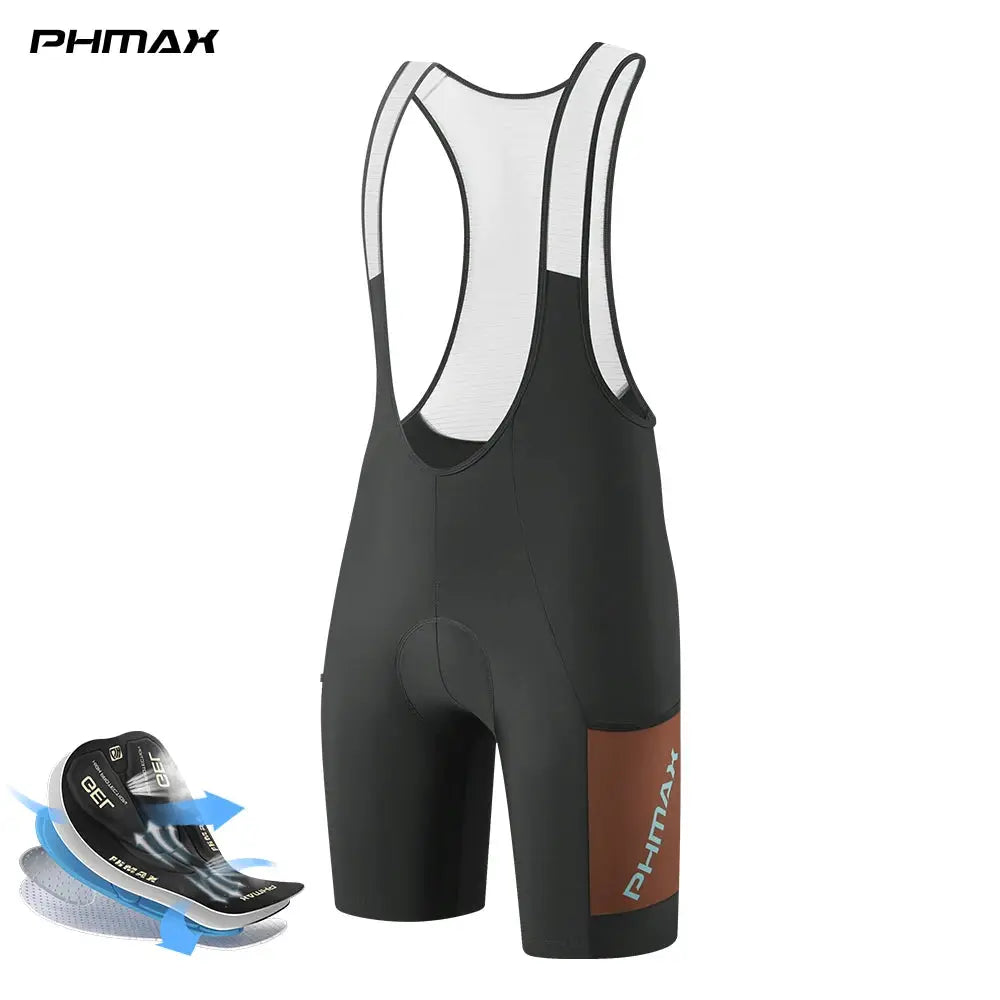 PHMAX men's cycling bib shorts with silicone padding, black with brown pocket, breathable quick-dry by Simples Market