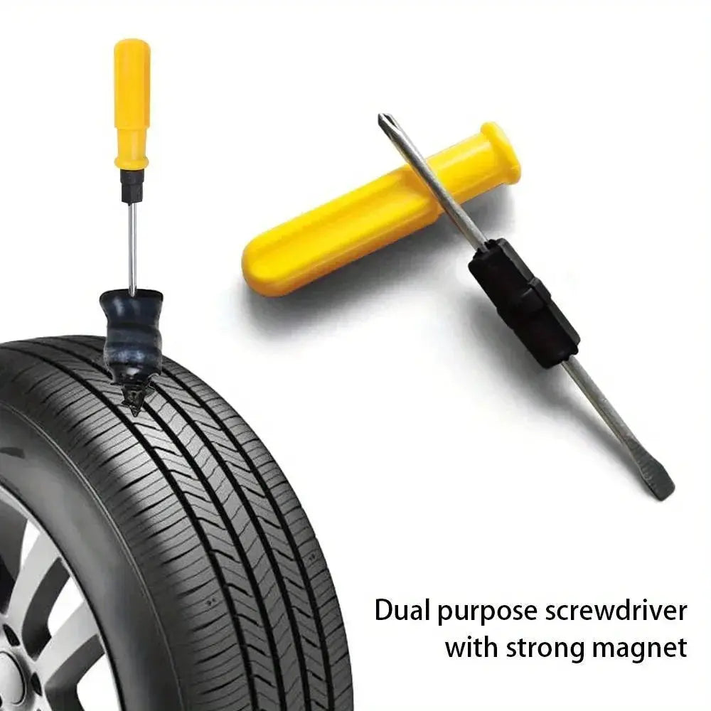 Emergency tire repair kit by Simples Market: yellow-handled manual screwdriver and puncture tool with repair strips and storage tube