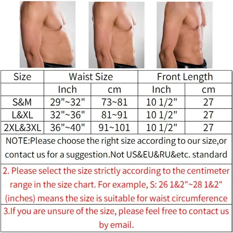 Simples Market men's abdomen reducer sauna waist trainer belt; three side torso photos with size chart
