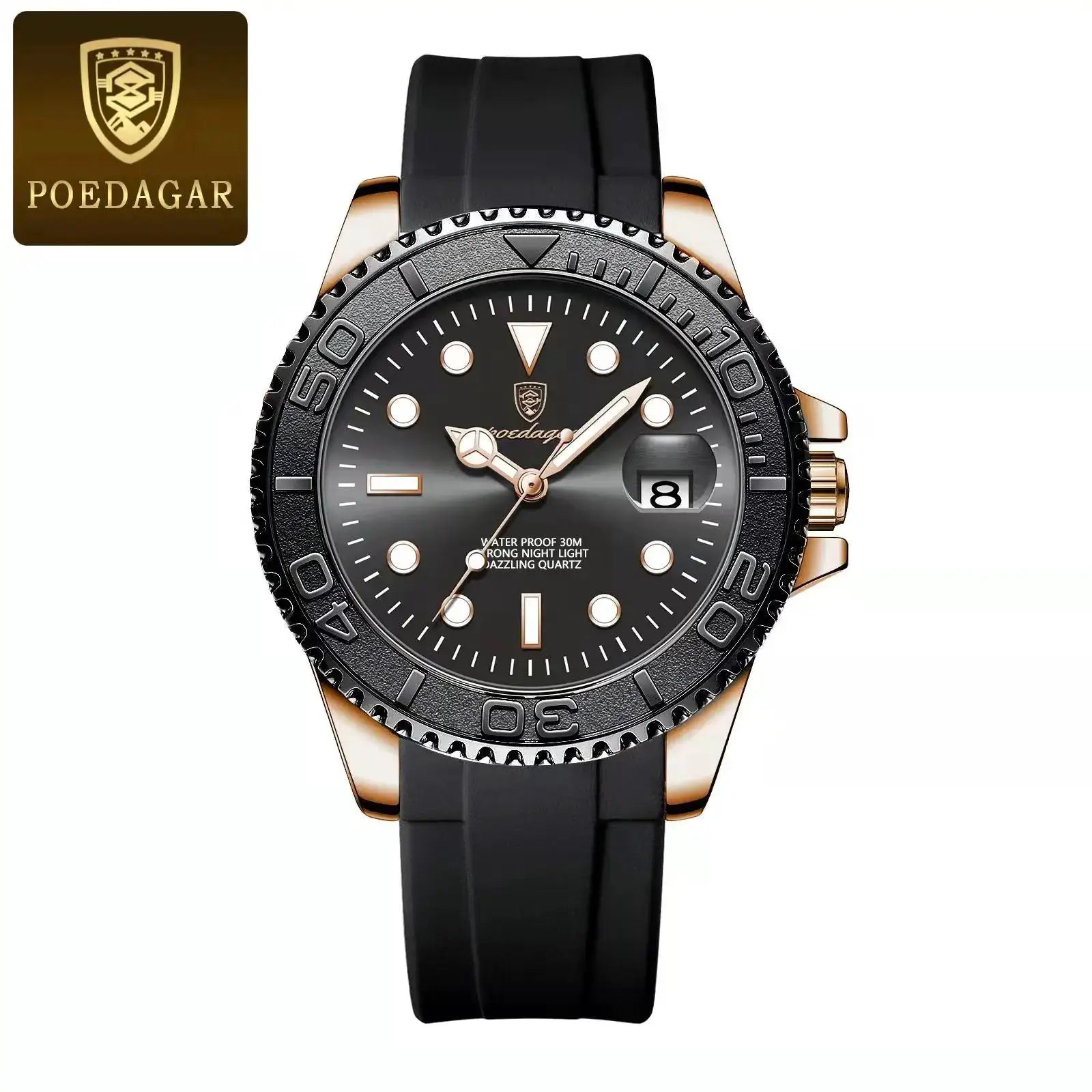 POEDAGAR luxury men’s watch, black dial, stainless steel rose-gold case, black strap, date window, 30m waterproof