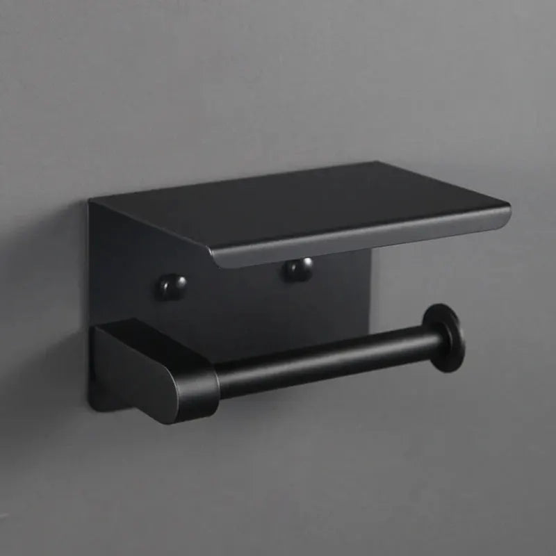 Stainless steel bathroom paper holder with top shelf and toilet roll bar, wall-mounted black finish