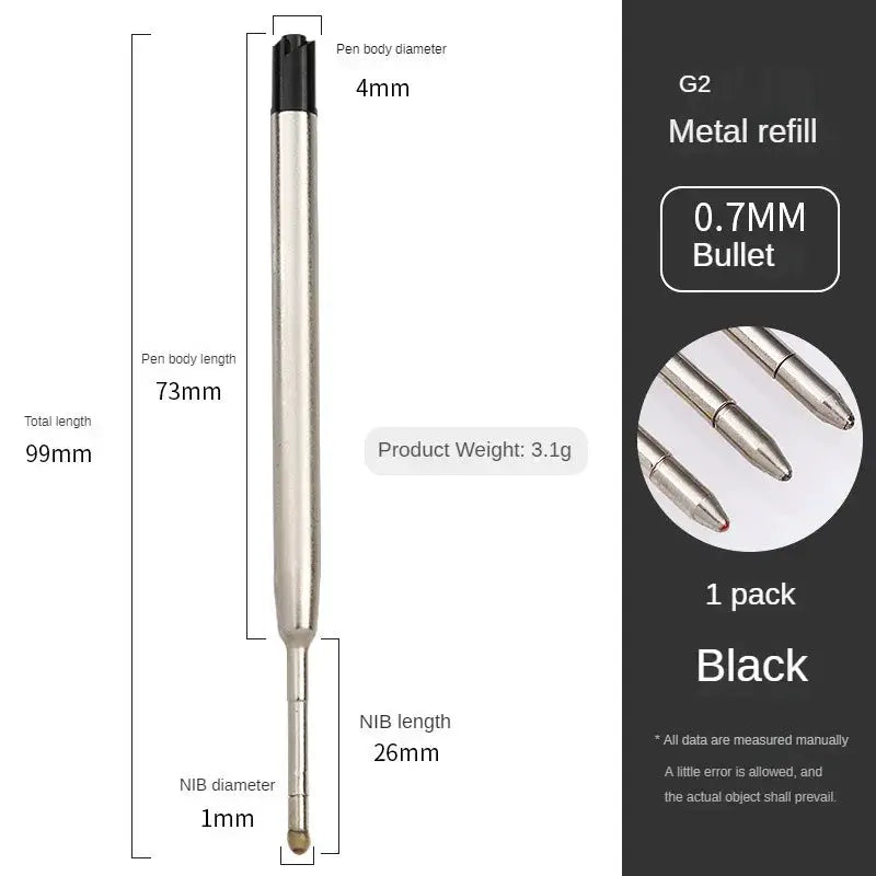Ballpoint pen refill, metal body, black ink, 0.7mm bullet, ~99mm total length for Parker pens