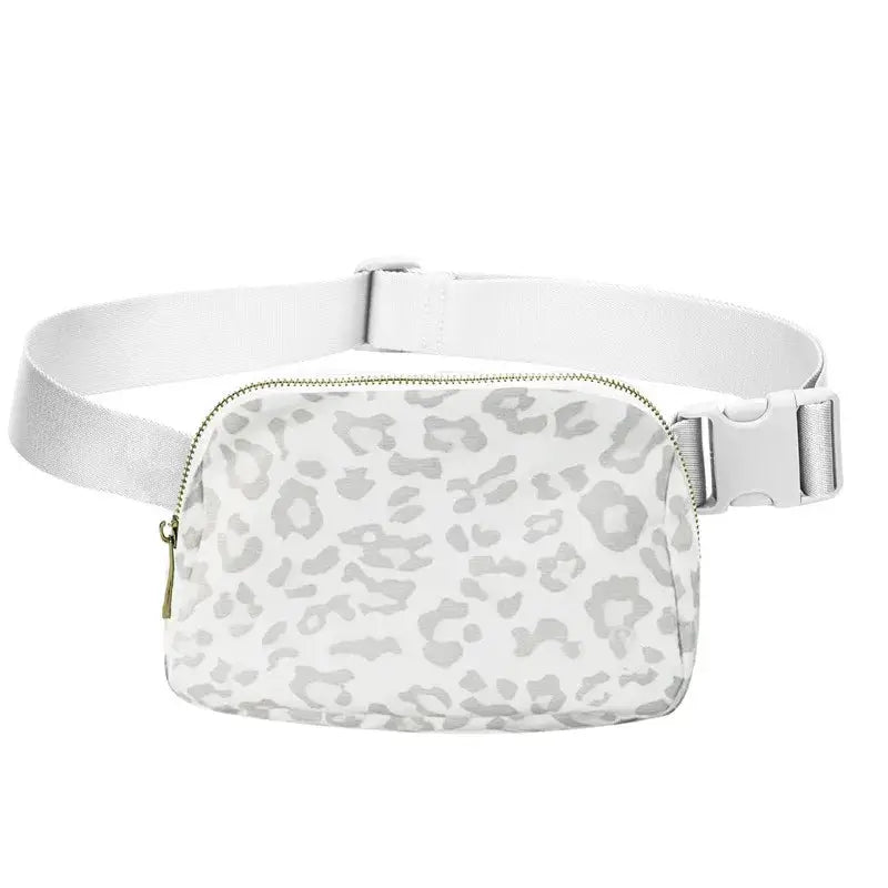 Women's white leopard-print waist bag (fanny pack) with adjustable white strap and gold zipper