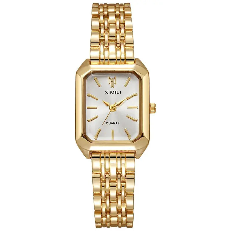 Gold-tone rectangular XIMILI quartz women's wristwatch with steel link bracelet