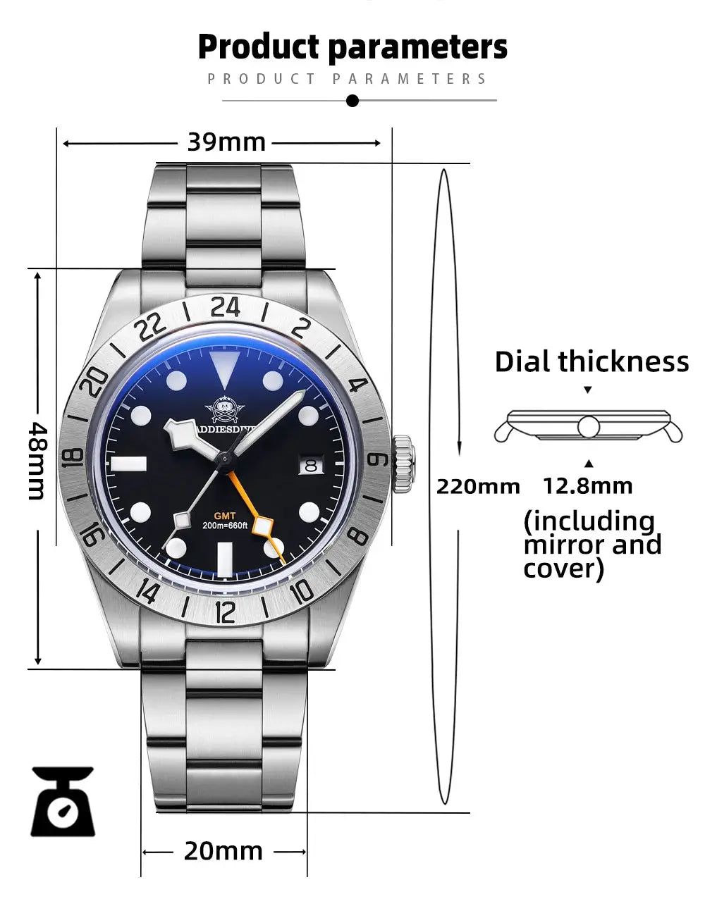 ADDIESDIVE stainless steel 39mm GMT watch with black dial, luminous markers, orange GMT hand, 200m water resistance