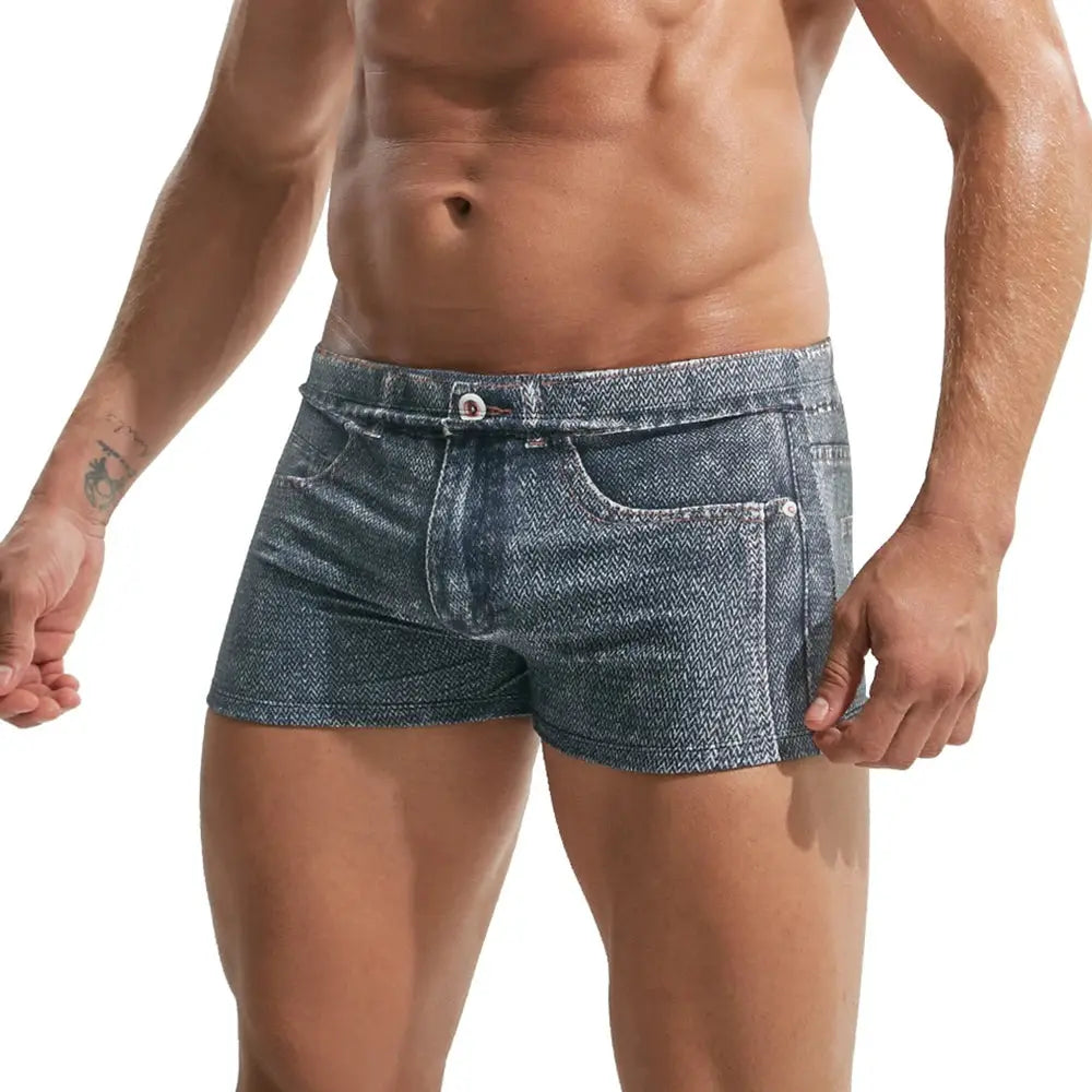 2XL men's seamless denim-print board shorts, blue textured fabric, breathable swim trunks