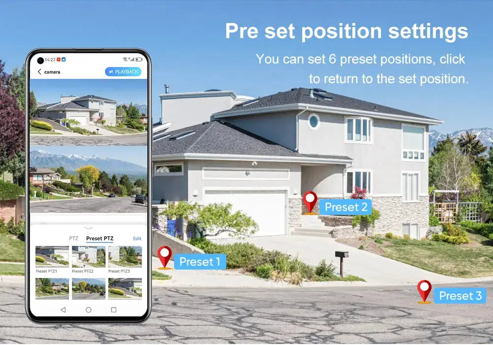 LS VISION 4G/WiFi outdoor solar security camera with 8MP dual lens; preset positions shown in app.