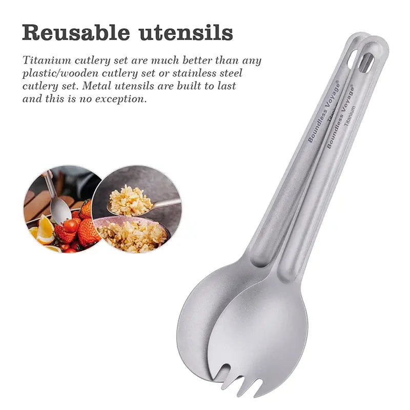 Boundless Voyage titanium cutlery set: reusable spoon and spork by Simples Market, lightweight camping flatware.