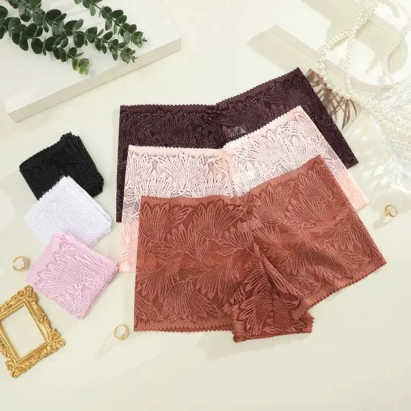 Simples Market lace briefs; seamless low-rise underwear in six colors (black, burgundy, brown, pink, white, peach)