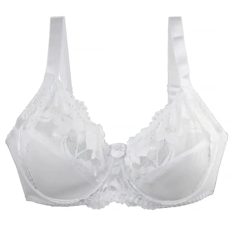 Bra, white lace underwire with wide adjustable straps, scalloped lace cups, and center floral bow detail