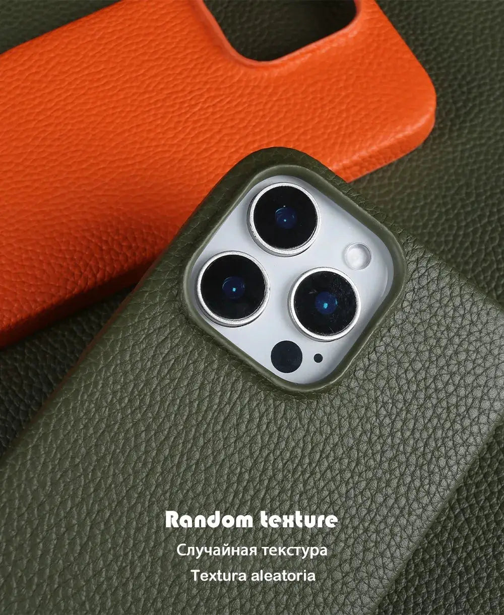 Genuine leather MagSafe case for iPhone 11–16 Pro Max, green full-wrap back cover