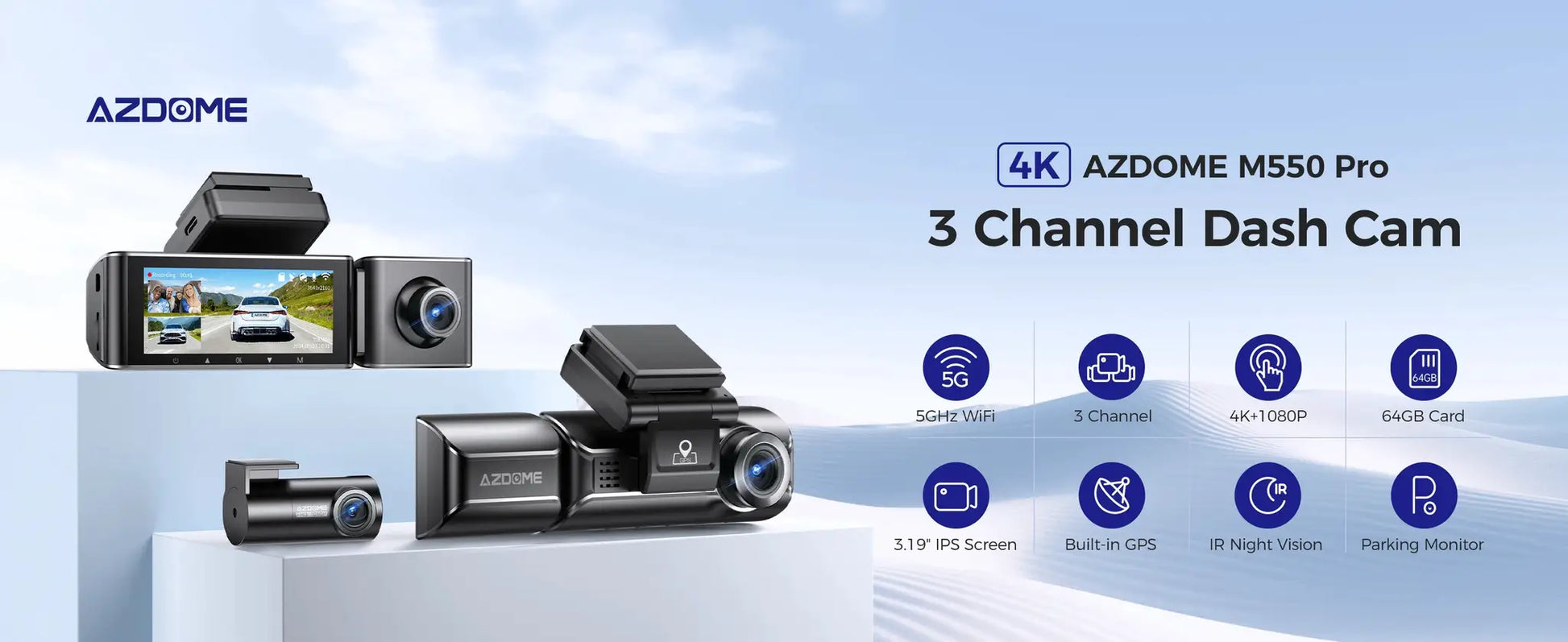 AZDOME M550 Pro 4K 3-Channel Dash Cam with 5G WiFi, GPS, IR night vision, 64GB card