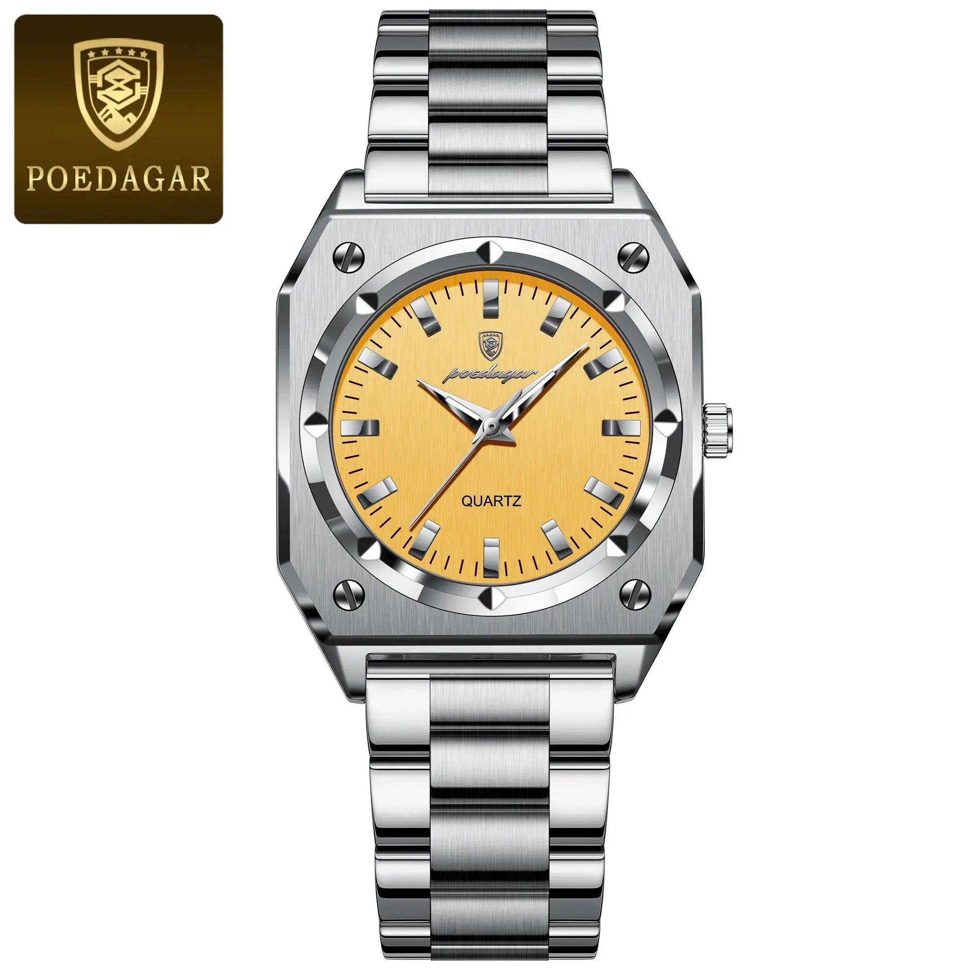 POEDAGAR stainless steel wristwatch with orange dial, quartz movement, waterproof