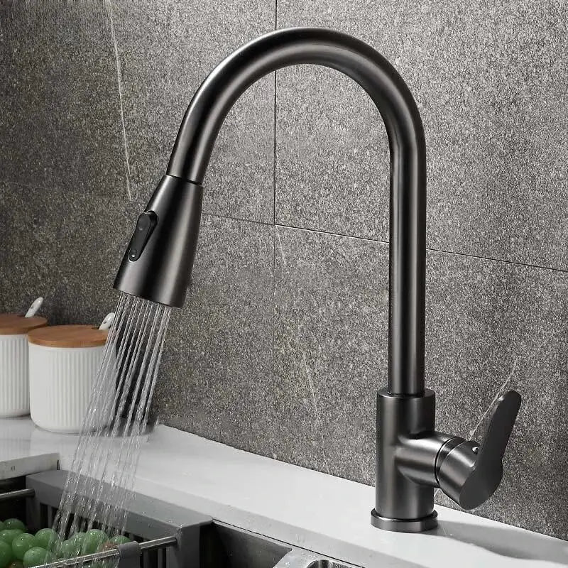 Pull-out kitchen faucet in black matte stainless steel finish with high-arc gooseneck and pull-out spray