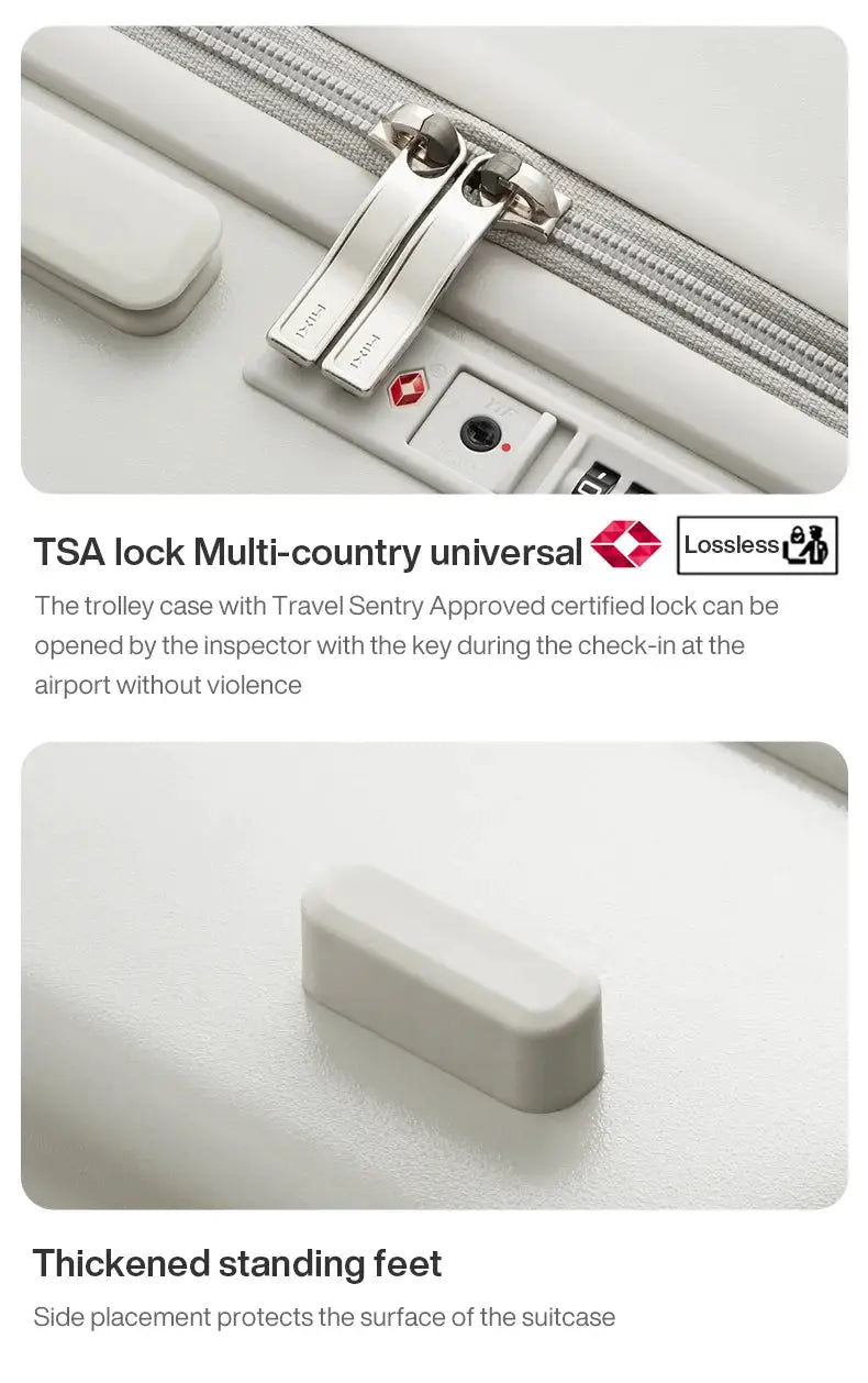 Mixi 2024 hard-shell carry-on suitcase with TSA lock, white color, dual zippers