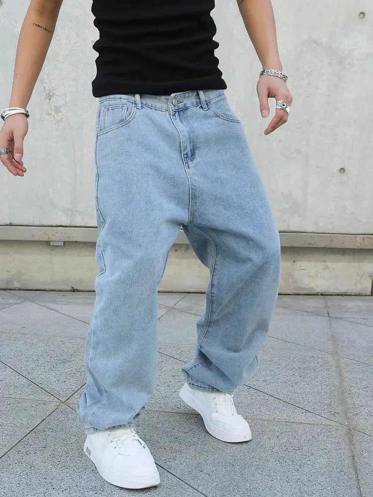 Men's baggy light-wash denim jeans by Simples Market, oversized straight wide-leg casual streetwear