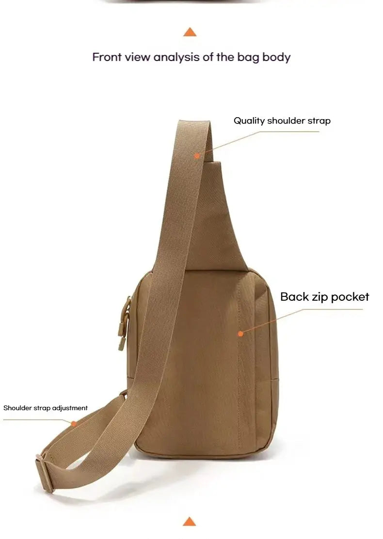 Tactical brown canvas shoulder bag with adjustable crossbody strap, back zip pocket, compact hunting/camping design.