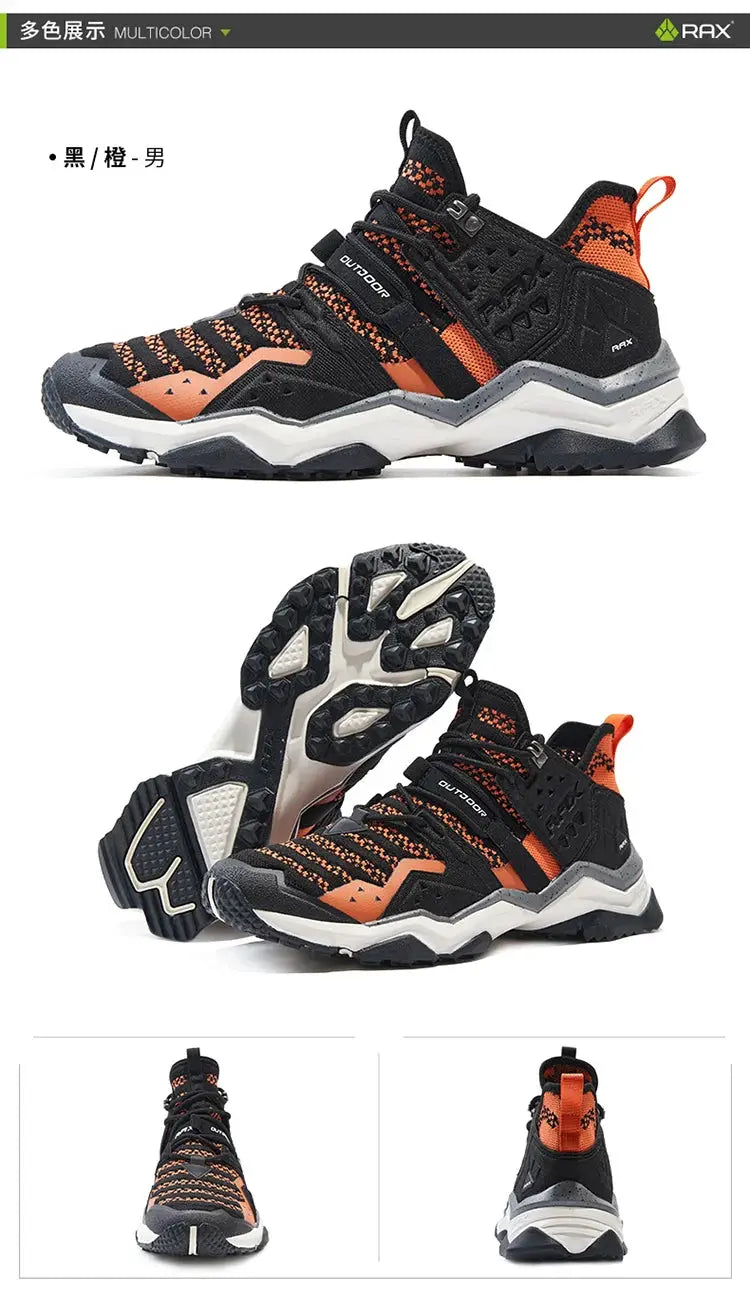 RAX Men Waterproof Hiking Shoes, black and orange outdoor trekking sneakers with rugged outsole