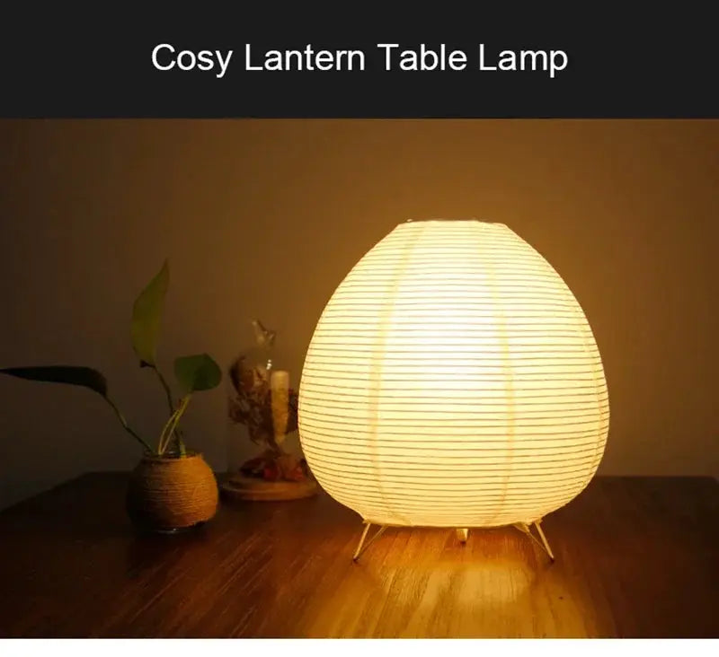 Japanese lantern LED table lamp with white rice paper shade and warm glow
