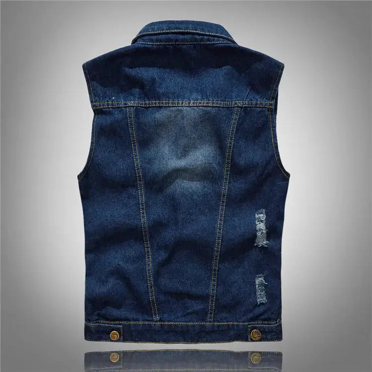 Men's denim vest in dark blue, back view with ripped distressing and brass buttons