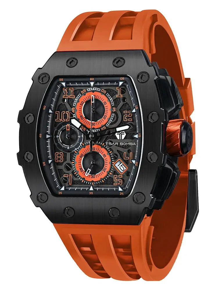 TSAR BOMBA men's watch with orange silicone strap, black stainless steel tonneau case, chronograph dial