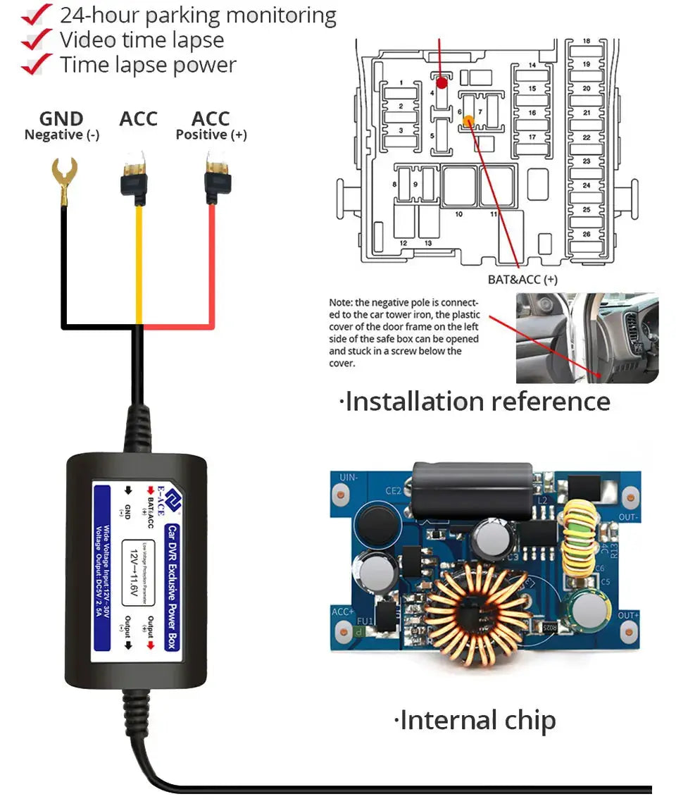 Simples Market dash cam 4K GPS WiFi car DVR, black with wiring harness and internal circuit board