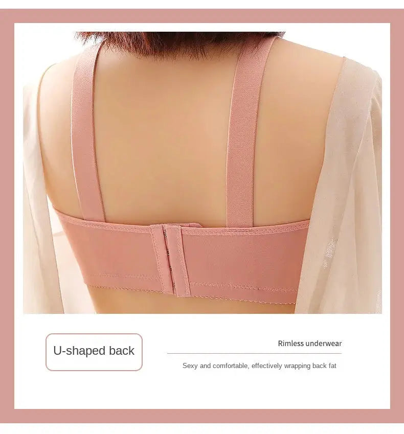 Pink bra with wide straps and U-shaped back with back hook closure