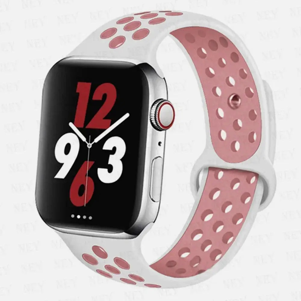 Silicone sport strap for Apple Watch by Simples Market, white with pink perforated inner, Pride band