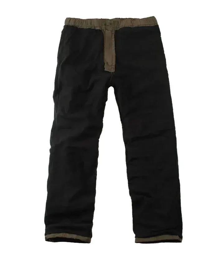 Men's fleece cargo pants, black with tan waistband and cuffs, warm thermal joggers