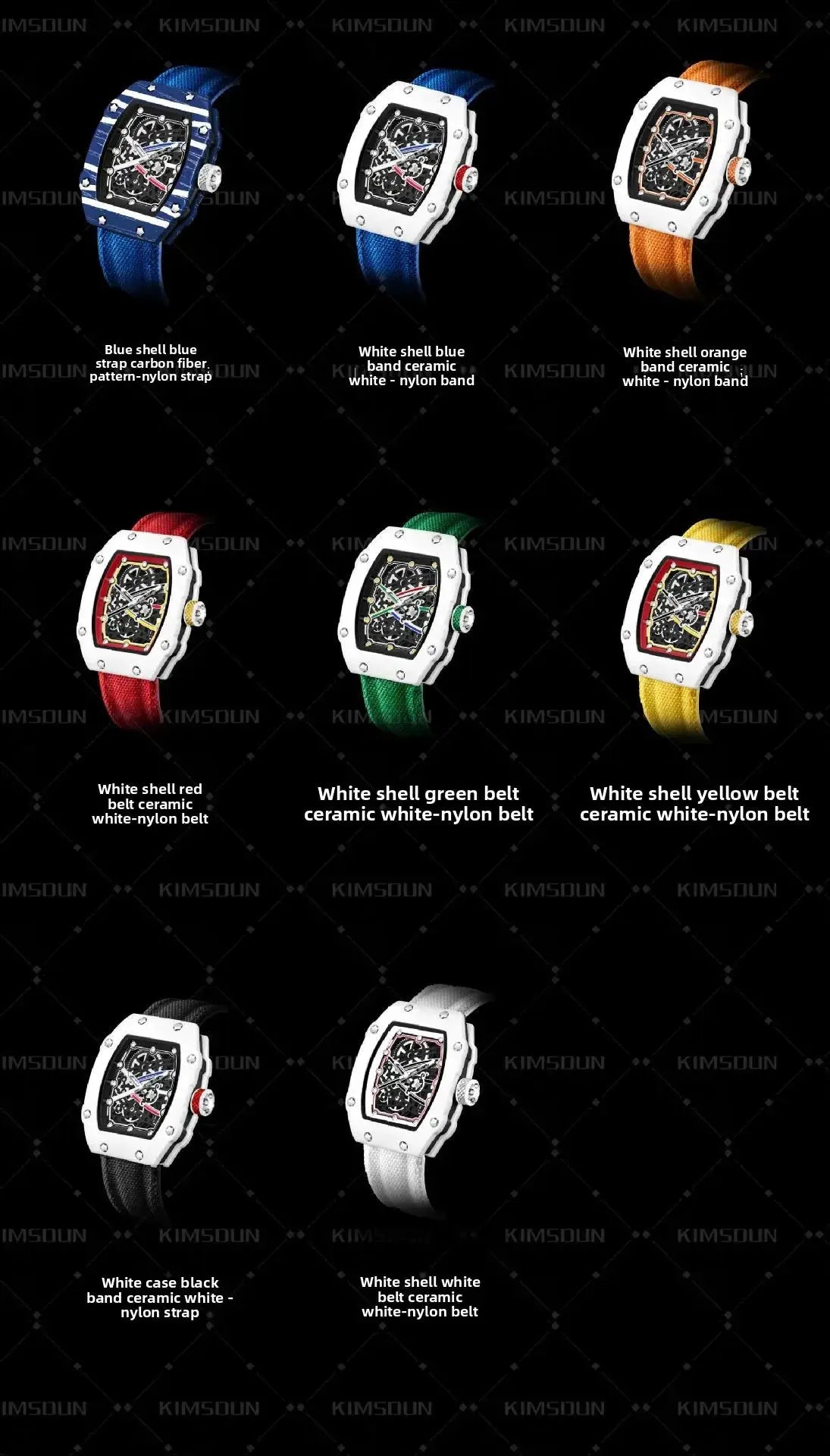 Simples Market skeleton tonneau quartz watches with transparent cases; 12 color-strap variants on nylon and ceramic bands