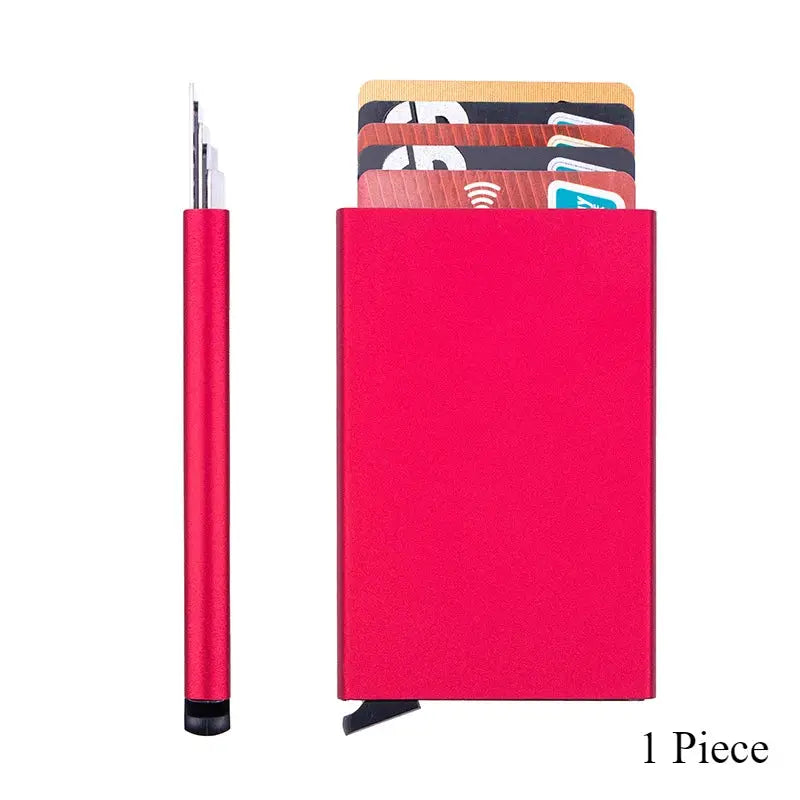RFID card holder, pink metal slim wallet with multiple cards visible