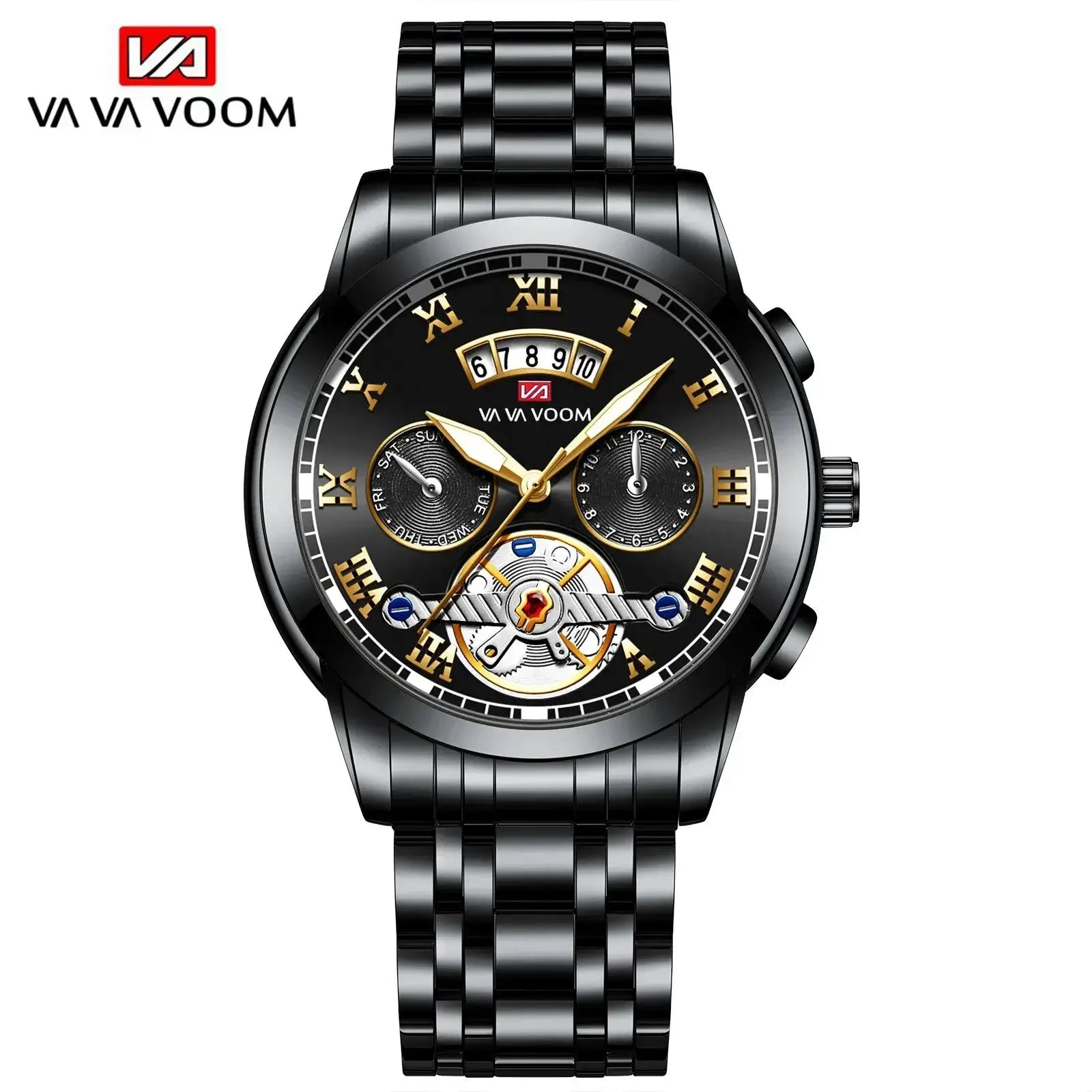 Simples Market men's luxury watch, black stainless steel with gold Roman numerals and VA VA VOOM logo