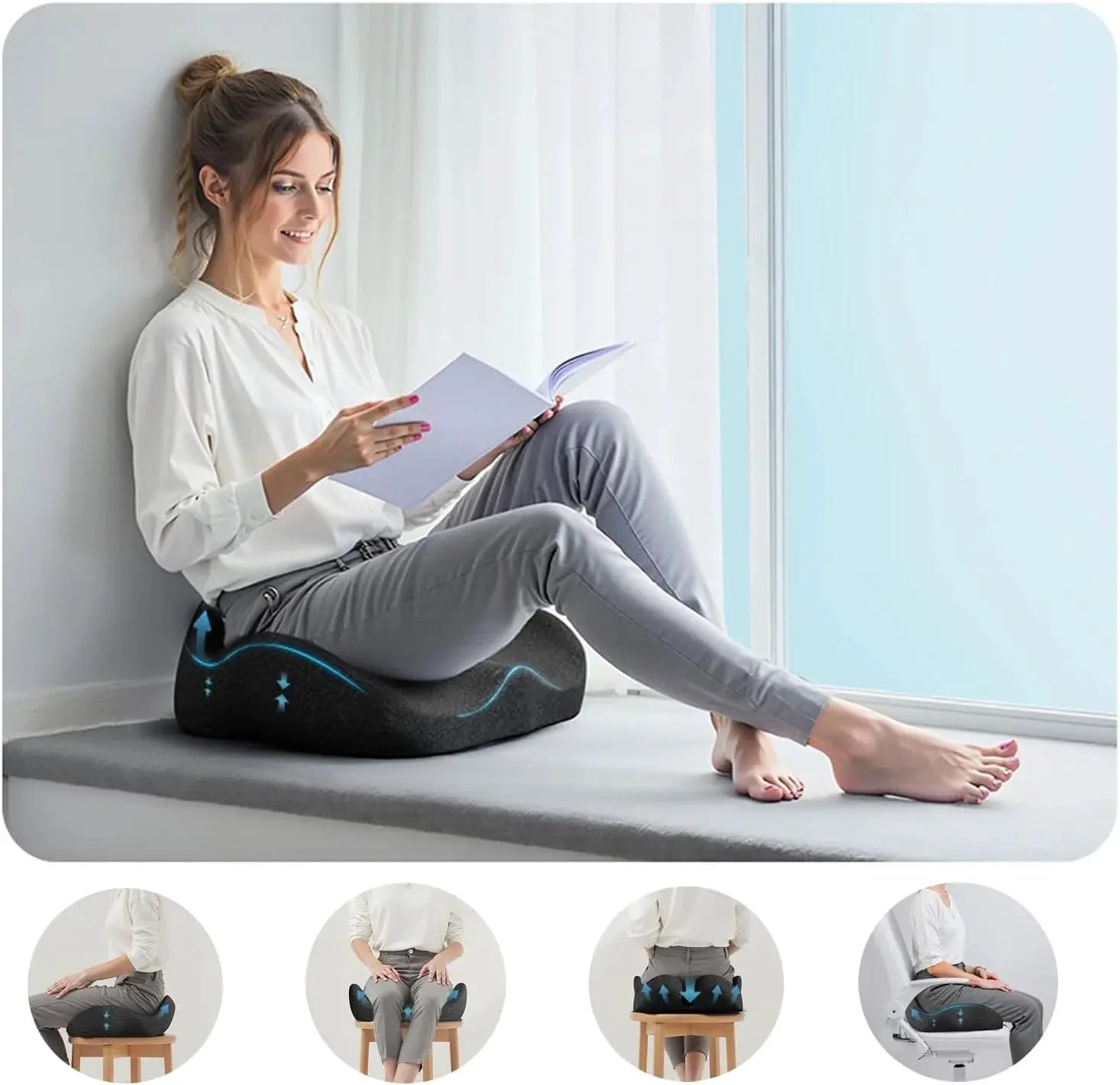Ergonomic memory foam seat cushion in black with removable cover for office chairs by Simples Market