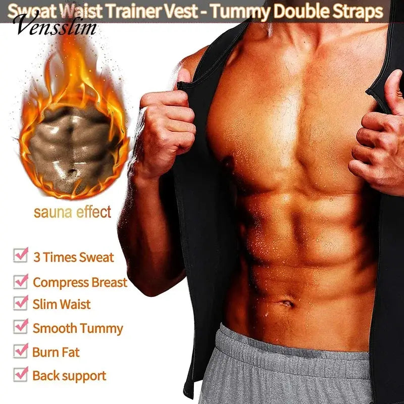 Vensslim men’s body shaper waist trainer vest, black fabric, sauna sweat compression undershirt