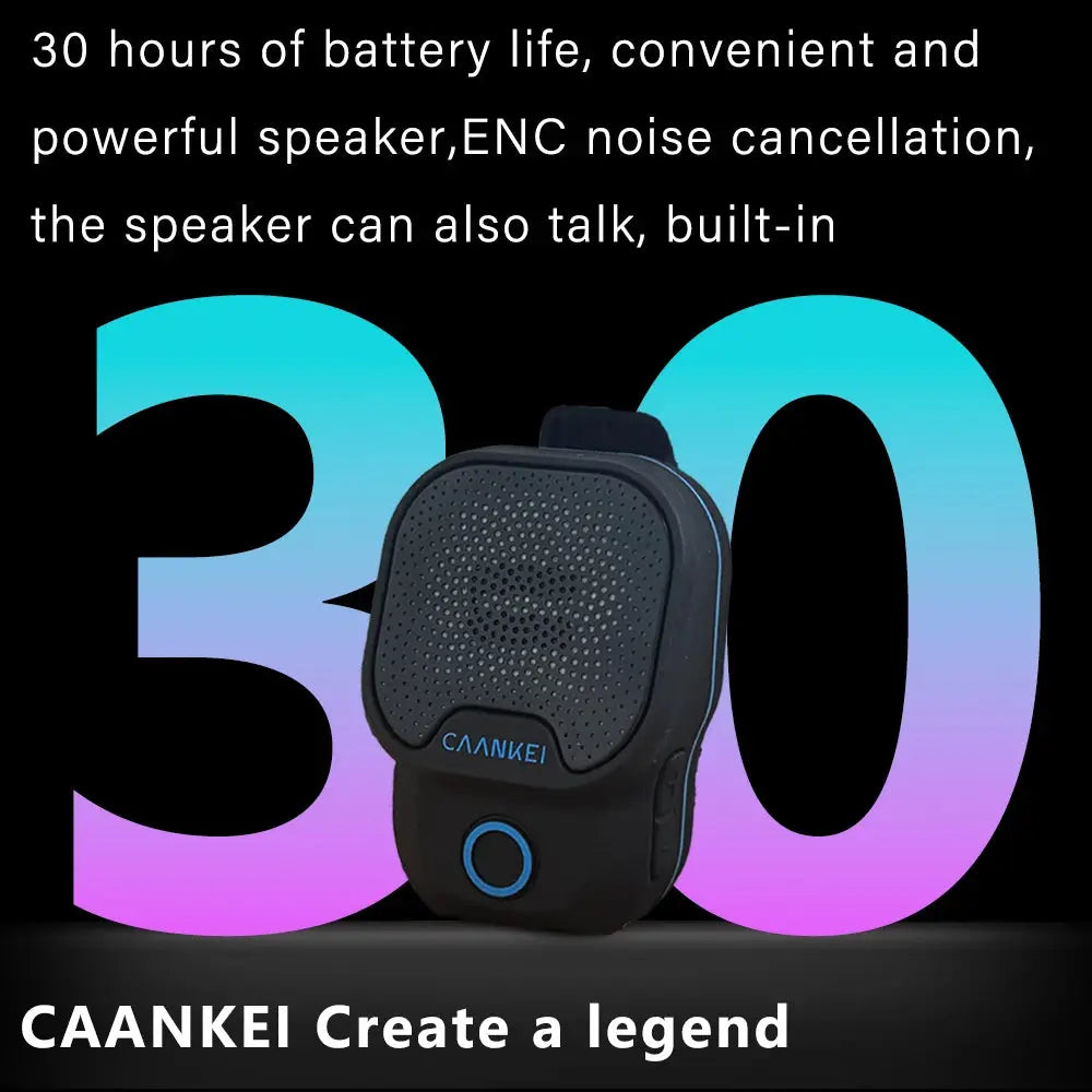 CAANKEI wearable Bluetooth speaker, black clip-on mini sound box with IPX7 waterproof rating, blue ring, built-in mic.