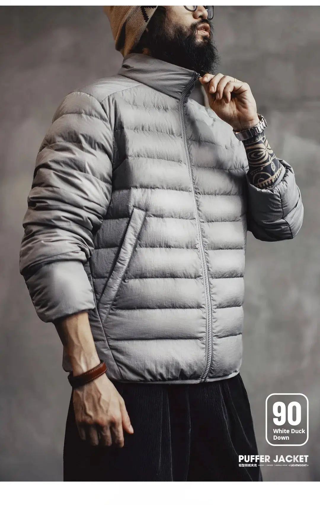 Maden Winter Men's stand-up collar down jacket, grey lightweight with white duck down filling.