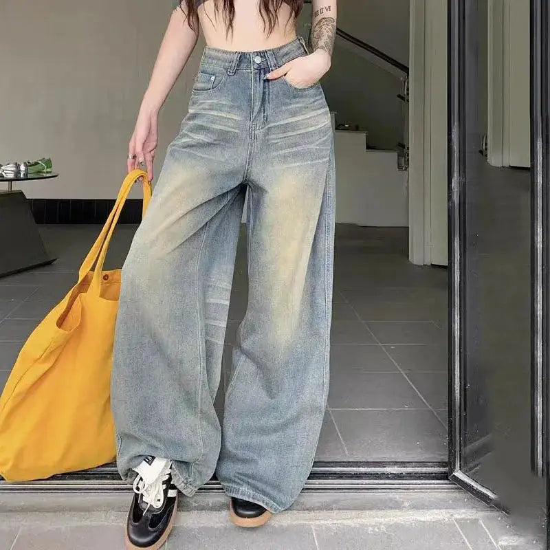 Vintage Y2K Wide Leg High Waisted Denim Jeans For Women Button Fly