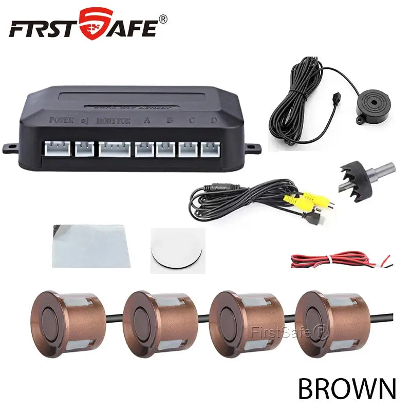 FirstSafe car reverse radar parking system with 4 brown sensors and an Android-compatible monitor module